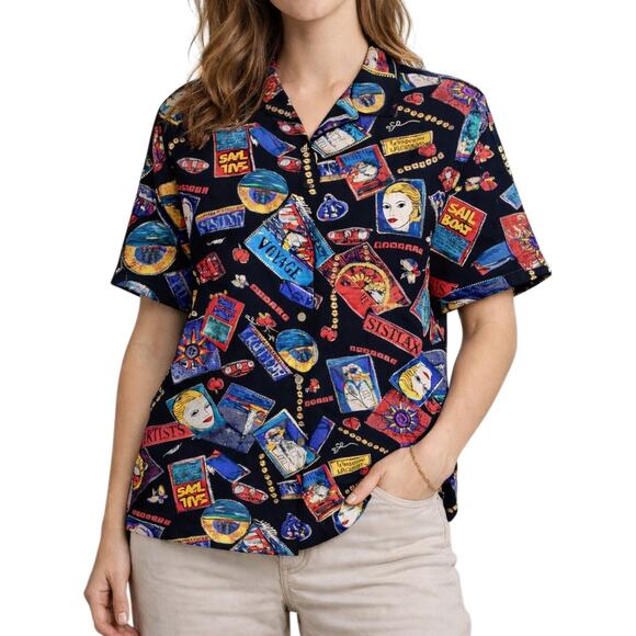 Chico's Tops - Chico's VTG Pop Art Graphic Camp Shirt Womens 2 Large Art To Wear Maximalist 90s